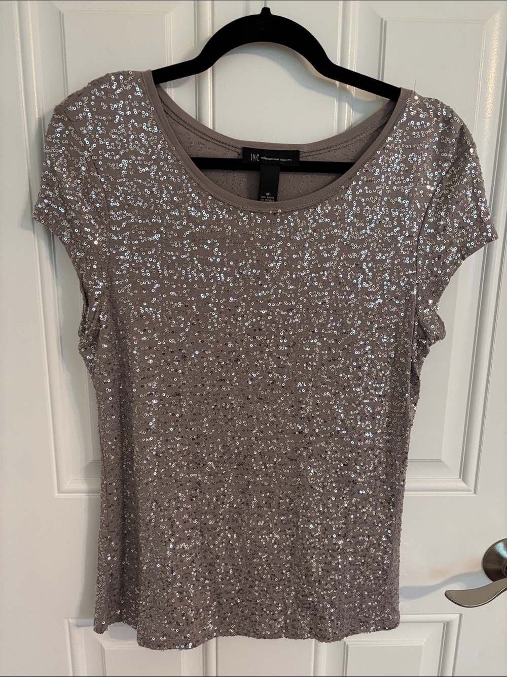 INC International Concepts Taupe Sequin Short Sleeve Tee